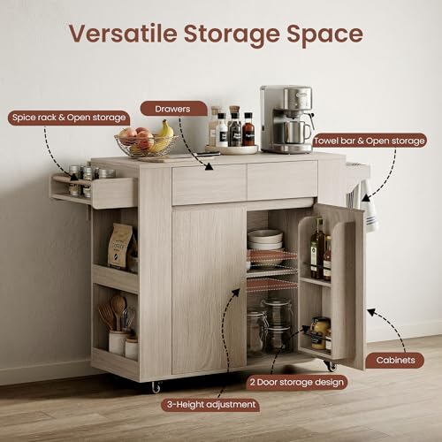 51'' Mobile Kitchen Island with Drop Leaf, Rolling Kitchen Cart with Drawrs & Storage Cabinet on Wheels, Portable Island Table with Spice Rack & Towel Rack for Dining Room, White Oak Gray