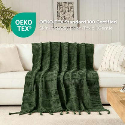 Boho Knitted Chenille Blanket with Tassels - Lightweight & Soft All-Season Throw - 3D Classic Pattern for Living Room Bedroom Couch, Imperial Green, Throw 50"x60" - color: Imperial Green, size: Throw