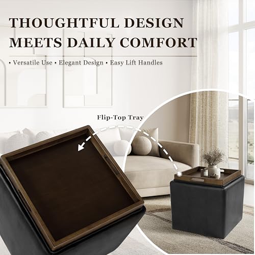 HomePop 17.5" Storage Ottoman with Tray Top - Black Faux Leather - color: Black Faux Leather