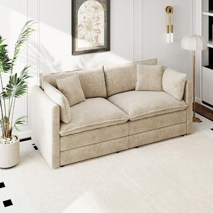 Aoowow Modular Sectional Sofa Modern Convertible Loveseat Couch,77.16 Inch Deep 2-Seater Sofas Comfy Chenille Cloud Sofas and Couches with Pillows for Living Room Apartment（Camel） - color: Camel, size: 2 Seat