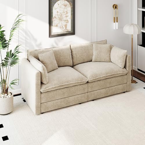 Aoowow Modular Sectional Sofa Modern Convertible Loveseat Couch,77.16 Inch Deep 2-Seater Sofas Comfy Chenille Cloud Sofas and Couches with Pillows for Living Room Apartment（Camel） - color: Camel, size: 2 Seat