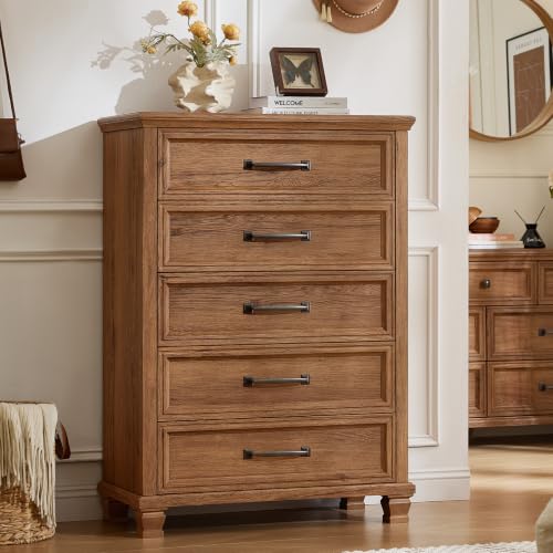 Farmhouse 5 Drawer Dresser for Bedroom, Brown | 45” Tall Vertical Dressers Chest of Drawers with Reinforced Top & Square Wooden Legs - color: Brown, size: 16"D x 32"W x 45"H (5 Drawers)