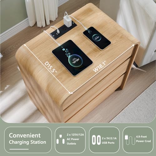 Aitjunz 25" Tall Modern Nightstand with Charging Station, 23.6'' Wide Wood Bedside Table w/3 Storage Drawers, Small Dresser w/Curved Profile Design, End Table for Bedroom, Natural Oak - color: Natural Oak