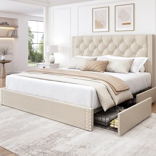 Full Size Bed Frame with 4 Storage Drawers and Tufted Headboard Linen Upholstered Platform Bed Frame with Heavy Duty Wood Slats,No Box Spring Needed,Easy Assembly,Beige - color: Beige, size: Full