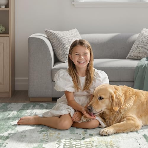 DCX Washable Abstract Area Rug 6x9, Non Slip Low Pile Rug, Sage Green | Easy to clean, non-shedding, soft, kid & pet friendly, with a non-slip rubber backing for living rooms, bedrooms, and offices - color: Green & White, size: 6' x 9' (Rectangular)