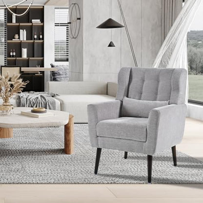 Modern Accent Chair, Upholstered Armchair with Pillow, Fabric Single Sofa Chair with Lounge Seat Solid Wood Legs Accent Chair for Living Room Bedroom Small Spaces (Grey) - color: Grey, size: Set of 1