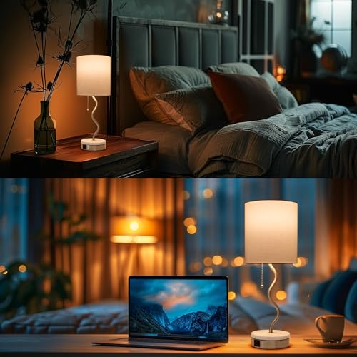 Marble Base Table Lamp - Modern Bedside Lamp with USB Port & Pull Chain, Lamp for Bedroom, Living Room, or Office - Elegant Marble and Metal Design - color: Silver+Marble