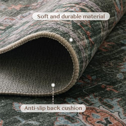 COHOME Washable 3x5 Entryway Rug, Non-Slip TPE Low Pile Area Rug for Large Kitchen Bedroom Mudroom, Distressed Green Boho Aesthetic, Stain & Pet Resistant - color: Green, size: 3" x 5" (Rectangular)