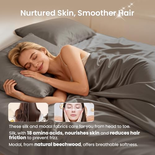 THXSILK Luxury Queen Silk Duvet Cover Set 3 Pieces, Extra Soft, Breathable & Cooling Bedding Set, Machine Washable & Durable, 1 Duvet Cover & 2 Pillowcases with Zipper Closure(Charcoal) - color: Charcoal, size: Queen (3 pcs)