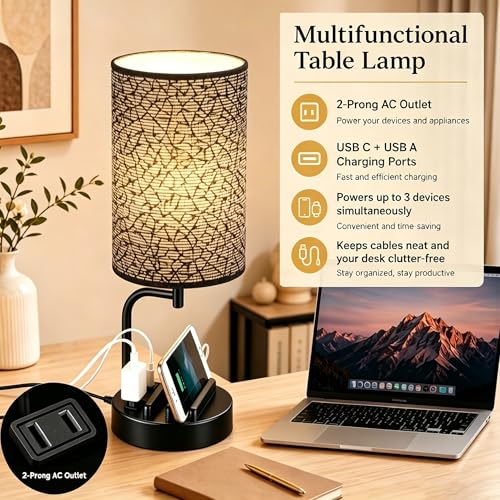 Dreamholder Touch Control USB Table Lamp with USB C/A & AC Outlet, 3-Way Dimmable Bedside Lamp, Modern Nightstand Lamps for Bedroom Living Room Guest Room Office, Bulb Included, Miracle Black - color: Miracle Black