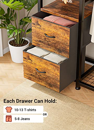 Clothes Rack with 2 Rods, Shelves, Drawers & Hooks, Garment Rack | Clothes rack with 2 hanging rods (50lbs each), 2 shelves, 2 fabric drawers & 4 hooks. 300lb total capacity. Fits small spaces - color: Rustic Brown