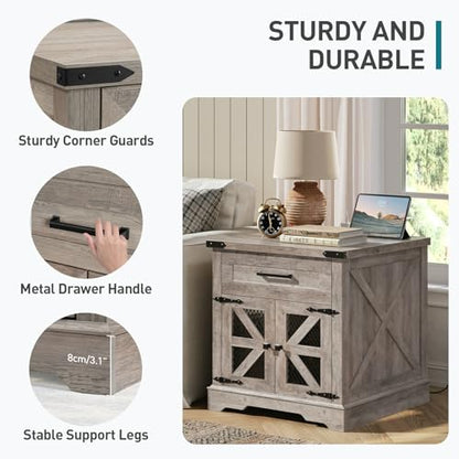 Farmhouse End Table with Charging Station, 24" Large Sofa Side Table with Drawer, Large End Table for Living Room, Wooden Nightstand with Outlet, Square, Greige - color: Greige