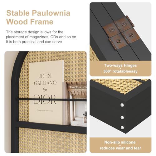 Rattan Room Divider with Bookshelf,Foldable Privacy Screen Partition,Wooden Frame,Natural Portable for Living Room,Bedroom Home,Office Reading Nook (Black, 3 Panels) - color: Black