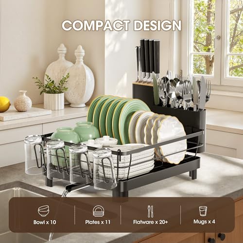 Runnatal Dish Drying Rack with Drainboard for Kitchen Counter and Sink | Large Dish Rack Rustproof Dish Drainer with Detachable 2-in-1 Utensil Holder, Extra Cup Holder, Black - color: Black, size: Standard