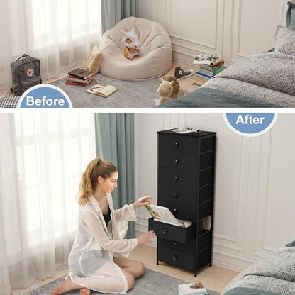 Fabric Dresser for Bedroom, 8 Drawer Tall Vertical Skinny Tower (Black) | Wooden Top, Steel Frame, Easy Pull Bin,Organizer Unit for Living Room, Hallway, Entryway, Nursery, Closets - color: Black, style: Narrow-8 Drawers