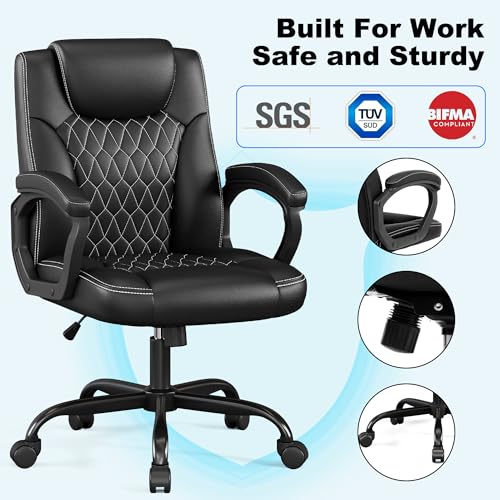 Misolant Office Chair, Executive Desk Chair, PU Leather Comfortable Executive Chairs with Fixed Armrest, Adjustable Height, Rocking Function, 360° Swivel Wheels, Black - color: Black