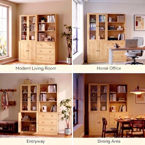 TUSY 71" H Bookshelf with Storage, Modern Bookcase with Drawer (Wood, AABB) | 6-Tier Bookshelves with 3 Large Drawer, Display Bookcase with Glass Doors, Wooden Curio Cabinet for Home Office, Dining Room - color: Wood