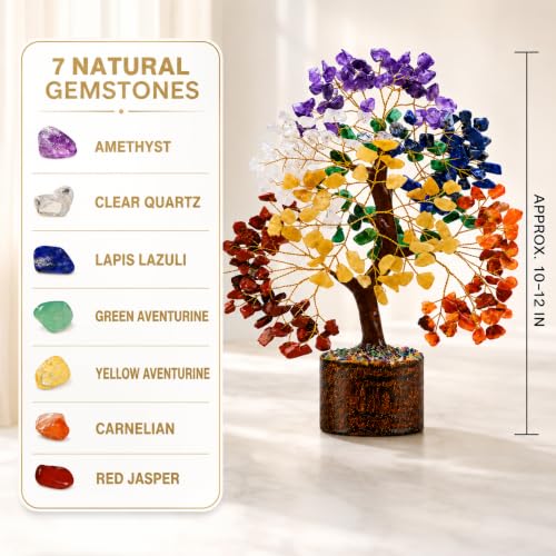 7 Chakra Tree of Life Crystal Tree | 300 Natural Gemstone Beads | Healing Crystal Tree for Housewarming, Positive Energy, Money & Good Luck | Birthday Gift for Women, Men, Mom, Sister & Friends - color: #3 Seven Chakra Golden Wire Tree (300 Beads)