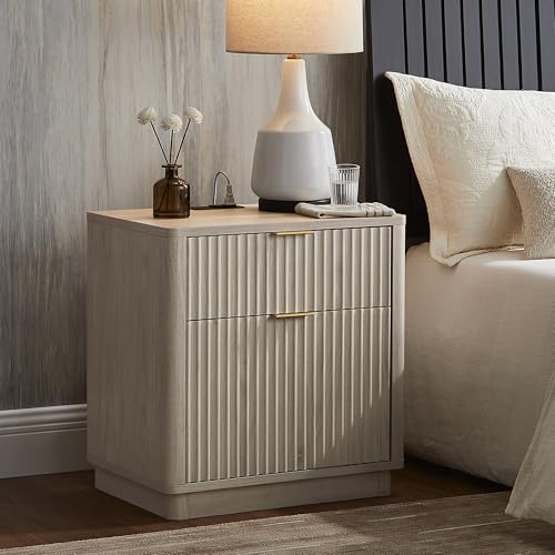 T4TREAM 23'' Fluted Nightstand with Charging Station, Modern, White Alder | Large 2 Drawer, Curved Profile, Mid-Century, Bedside Table with Storage, End Table for Living Room, Bedroom, Side Table - color: White Alder
