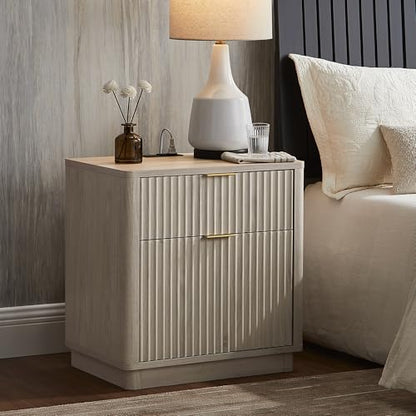 T4TREAM 23'' Fluted Nightstand with Charging Station, Modern, White Alder | Large 2 Drawer, Curved Profile, Mid-Century, Bedside Table with Storage, End Table for Living Room, Bedroom, Side Table - color: White Alder