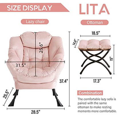 Lazy Chair with Ottoman, Comfy Accent Reading Chair, Velvet Pink | Foldable Footrest,Removable Cover,with Armrests and Side Pockets,Upholstered Lounge Chair for Bedroom,Dorm,Office,Small Space - color: Velvet Pink