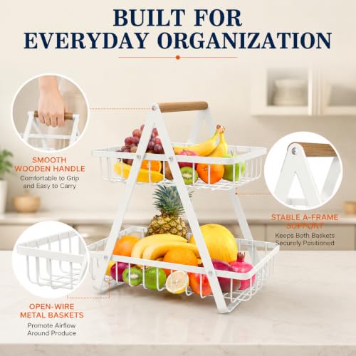 mahueeol 2-Tier Countertop Fruit Basket with Wooden Handle, Detachable | Detachable metal baskets with wooden handle for fruits, vegetables, bread and snacks in kitchens, pantries or dining rooms - color: White
