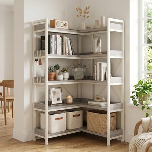GTPLAYER 5-Tier Corner Bookshelf, L-Shaped Metal Frame Shelf with Tall 14" Shelves, Plant Stand and Storage Rack for Small Spaces, Living Room and Home Office, Grey - color: Grey, size: 5 Tier