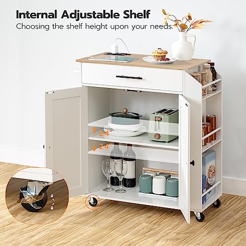 HOOBRO Kitchen Island with Power Outlet, Kitchen Storage Island with Spice Rack and Drawer, Rolling Kitchen on Wheels, for Home, Dining Room, Natural and White WN82UZD01G1 - color: Natural + White