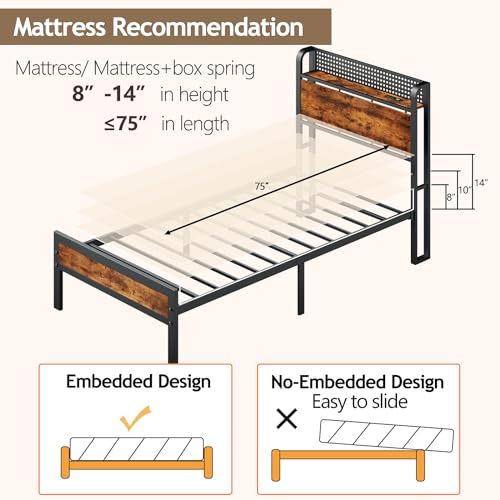 Twin Bed Frame with Headboard,Charging Station and LED Lights | Metal Platform Bed with Charging Station and LED Lights, Noise Free, Easy Assembly,No Box Spring Needed, Brown - size: Twin