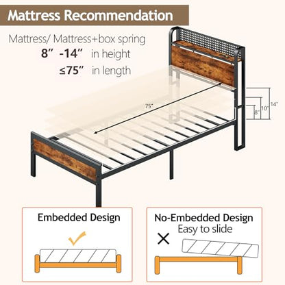 Twin Bed Frame with Headboard,Charging Station and LED Lights | Metal Platform Bed with Charging Station and LED Lights, Noise Free, Easy Assembly,No Box Spring Needed, Brown - size: Twin