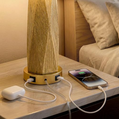 BOBOMOMO 27.5" Gold Table Lamps Set of 2 with USB-A & USB-C Charging Ports, Textured Resin Bedside Lamps with Linen Shade & Rotary Switch, Tall Nightstand Lamps for Bedroom, Living Room Office - color: Antique Gold