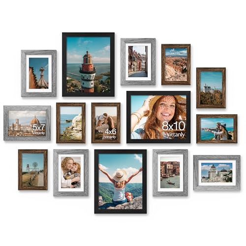 Vittanly 15 Pack Gallery Wall Frame Set, Black, Brown, Grey | Picture Frames Collage Wall Decor: 3pcs 8x10, 6pcs 5x7, 6pcs 4x6. Picture Frame Set for Wall or Tabletop Display - color: Black & Brown & Grey
