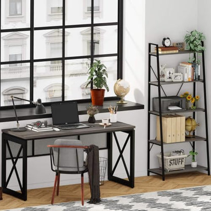 5-Tier Ladder Shelf, Industrial Leaning Bookcase, Wood and Metal Ladder Bookshelf for Living Room, Bedroom, Kitchen, Home Office (Grey Oak) - color: Grey Oak, size: 5-Tier