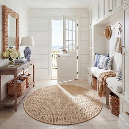 SAFAVIEH Area Rug 6' Round - Natural Fiber Collection - Natural & Beige, Seagrass, Basketweave Pattern with Border (NF114A) - color: Natural/Beige, size: 6' (Round)