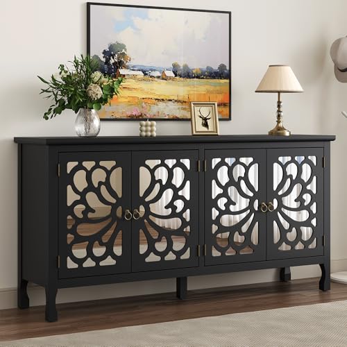 RoyalCraft 63'' Sideboard Buffet Cabinet with Storage, Accent Cabinet Credenza with 4 Doors and Adjustable Shelves, Vintage Media Console for Entryway, Living Room, Kitchen, Satin Black - color: Satin Black