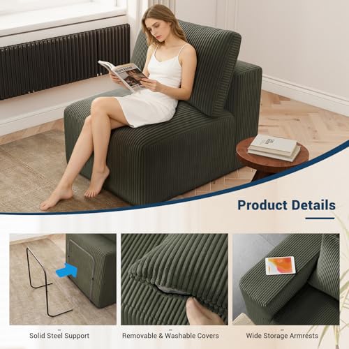 Modern Single Boneless Sofa Couches for Living Room - 39" Cloud Couch - Easy Assembly, Cozy Corduroy Convertible Full Sponge Compression Sofas for House, Apartment(Green)