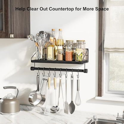 Alsonerbay Floating Shelf for Wall with Wooden Towel Bar, Black | 8 removable hooks, rustic finish, space-saving, holds utensils & mugs, easy installation, kitchen & bathroom use - color: Black