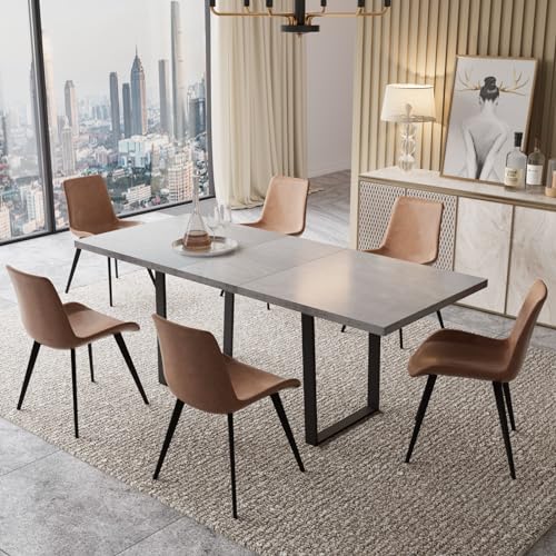 Mid-Century Extendable Dining Table Set, 51"-67", 6 Upholstered Chairs - color: Table + 6 Brown Chairs, size: 51"-67"