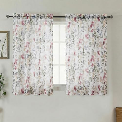 Printing Sheer Curtians 54 Inch Length Kitchen Curtain 2 Panels Set, Printing Small Window Living Room Curtains with Floral Leaves, Farmhouse Light Filtering Short Curtains, Purple, 42"x54" - color: Purple/Multi, size: 42"W x 54"L (Pack of 2)