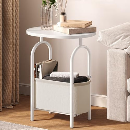 Small Round Side Table with Fabric Basket Storage, Oval End Table for Small Spaces, Modern Coffee Bedside Table, Couch Side Table for Living Room, 15.7" X 11.8" X 24", White and Beige 8601BZWT - color: White and Beige