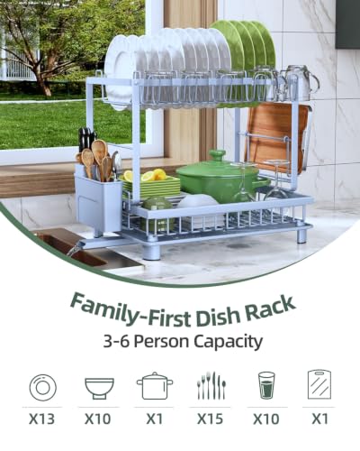 Dish Drying Rack 2-Tier Dish Racks with Drainboard, Rustproof, Space-Saving Dish Rack, Utensil & Cup Holder for Kitchen Counter, Blue - color: Blue