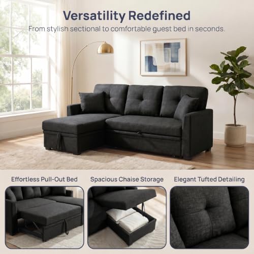 L Shape Queen 3-Seat Pull Out Sleeper Sofa Bed with Storage, Black | Convertible Sofa Bed, L Shape Sleeper Sofa wit, Reversible Storage Chaise, Tufted Fabric,Sectional Sleeper Sofa - color: C-charcoal Black-03c