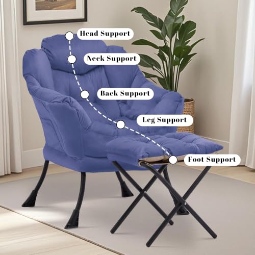 Lazy Chair with Ottoman, Comfy Reading Chair, Dark Blue | Cushioned Seat with Foldable Ottoman and Side Pocket, Lounge Chair for Bedroom, Living Room, Dorm and Small Spaces - color: Darkblue