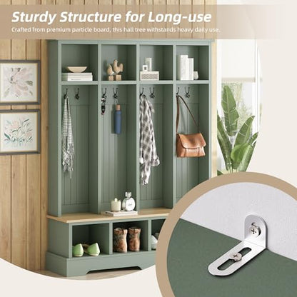 Merax Farmhouse Hall Tree with Bench and Shoe Storage, 59" Entryway Bench with Coat Rack, 3-in-1 Hall Tree with Top Compartments and 8 Hooks for Hallway, Living Room, Green - color: Green
