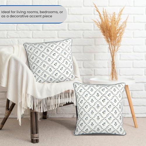 Block Print Powder Blue Pillow Cover 16" x 16" (Pack of 2) Decorative Couch Pillows for Living Room, Farmhouse Chic Boho Cute Outdoor Pillows Covers Gifts for Spring, Mother's Day - color: Powder Blue, size: 16" x 16" (Pack of 2)