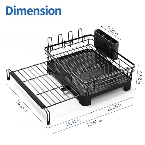TOOLF Expandable Over The Sink Dish Drying Rack for Kitchen Counter, Black | Extend 12.56"-23.97"L,Stainless Steel & PP,Cups & Cutting Board Holder,Removable Utensil Holder,Adjustable Feet Fit Most Sink - size: 1-Tier(Side Extension)