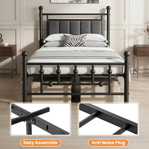 Velvet Upholstered Twin Bed Frame with Headboard | 14-inch Underbed Storage, 13 Metal Slats, 9 Support Legs, Noise-dampening Strips, No Box Spring Needed - size: Twin