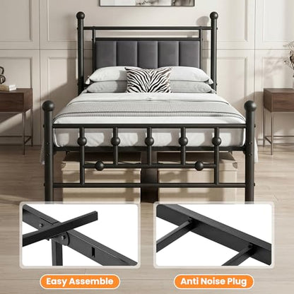 Velvet Upholstered Twin Bed Frame with Headboard | 14-inch Underbed Storage, 13 Metal Slats, 9 Support Legs, Noise-dampening Strips, No Box Spring Needed - size: Twin