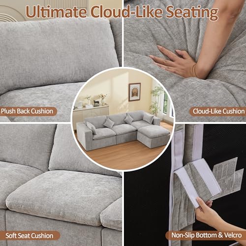 115''Cloud Boneless Sectional Couch, Modular Sectional Sofa Deep Seat with Ottoman, Oversized Upholstered Convertible Comfy 4 Seater Chenille Sofa L Shape Couches for Living Room, Light Grey - color: Light Grey, size: 115"/3 Seater+1 Ottoman