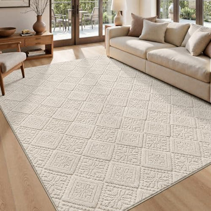U'Artlines 5x7 Beige Washable Area Rug for Living Room | Soft Fluffy, High Low Textured Carpet, Modern Neutral, Geometric, Non Slip Rugs for Bedroom, Dining Room, Kids Room - size: 5 x 7ft